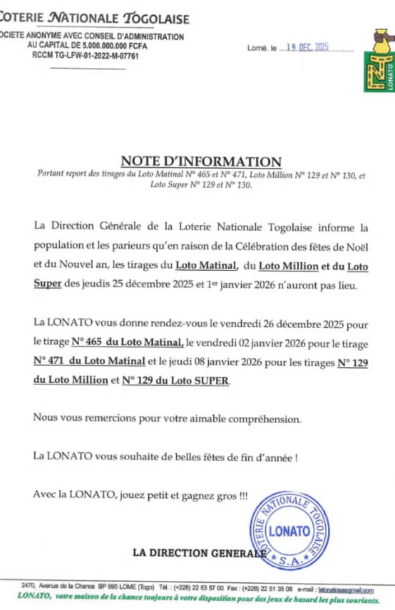 En raison des de la célébration des fêtes de Noël et du Nouvel an, les tirages des loto Matinal, Million et Super des jeudis 2